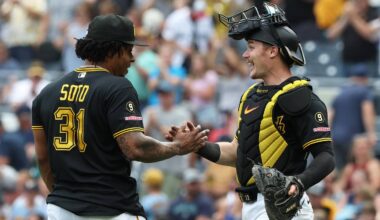 Jun 25, 2026; Pittsburgh, Pennsylvania, USA;  Pittsburgh Pirates relief pitcher Gregory Soto (31) and catcher Henry Davis (32) celebrate after defeating the Seattle Mariners at PNC Park. Mandatory Credit: Charles LeClaire-Imagn Images