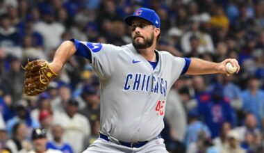 Oct 11, 2025; Milwaukee, Wisconsin, USA; Chicago Cubs pitcher Drew Pomeranz (45) pitches against the Milwaukee Brewers in the first inning during game five of the NLDS round for the 2025 MLB playoffs at American Family Field. Mandatory Credit: Benny Sieu-Imagn Images