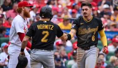 May 21, 2026; St. Louis, Missouri, USA; Pittsburgh Pirates shortstop Konnor Griffin (6) celebrates with first baseman Spencer Horwitz (2) after they both scored against the St. Louis Cardinals during the sixth inning at Busch Stadium. Mandatory Credit: Jeff Curry-Imagn Images