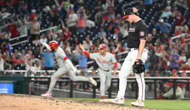 Jun 25, 2026; Washington, District of Columbia, USA; Washington Nationals pitcher Gus Varland (47) reacts after giving up a two run home run to Philadelphia Phillies right fielder Derek Hill (49) during the ninth inning at Nationals Park. Mandatory Credit: Brad Mills-Imagn Images