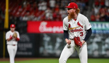 Jun 15, 2026; St. Louis, Missouri, USA; St. Louis Cardinals starting pitcher Dustin May (3) reacts after throwing a complete game one hitter against the San Diego Padres at Busch Stadium. Mandatory Credit: Jeff Curry-Imagn Images