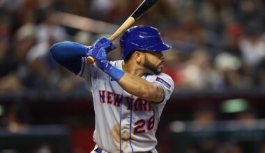 Jul 5, 2023; Phoenix, Arizona, USA; New York Mets outfielder Tommy Pham against the Arizona Diamondbacks at Chase Field. Mandatory Credit: Mark J. Rebilas-Imagn Images