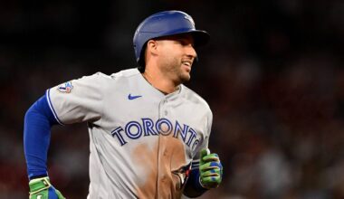 Jun 16, 2026; Boston, Massachusetts, USA; Toronto Blue Jays designated hitter George Springer (4) reacts after hitting a home run against the Boston Red Sox during the ninth inning at Fenway Park. Mandatory Credit: Brian Fluharty-Imagn Images