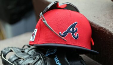 wMar 1, 2025; North Port, Florida, USA; A detail view of Atlanta Braves hat, sunglasses and glove in the dugout during the fifth inning at CoolToday Park. Mandatory Credit: Kim Klement Neitzel-Imagn Images