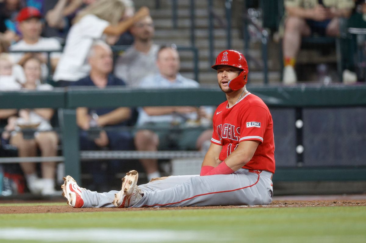 Logan O'Hoppe #14 of the Los Angeles Angels reacts after being tagged out at home plate against the Arizona Diamondbacks at Chase Field on June 16, 2026 in Phoenix, Arizona. Logan O'Hoppe #14 of the Los Angeles Angels reacts after being tagged out at home plate against the Arizona Diamondbacks at Chase Field on June 16, 2026 in Phoenix, Arizona.