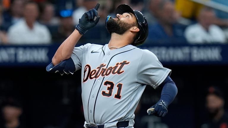 Detroit Tigers' Riley Greene reacts after his home run off...