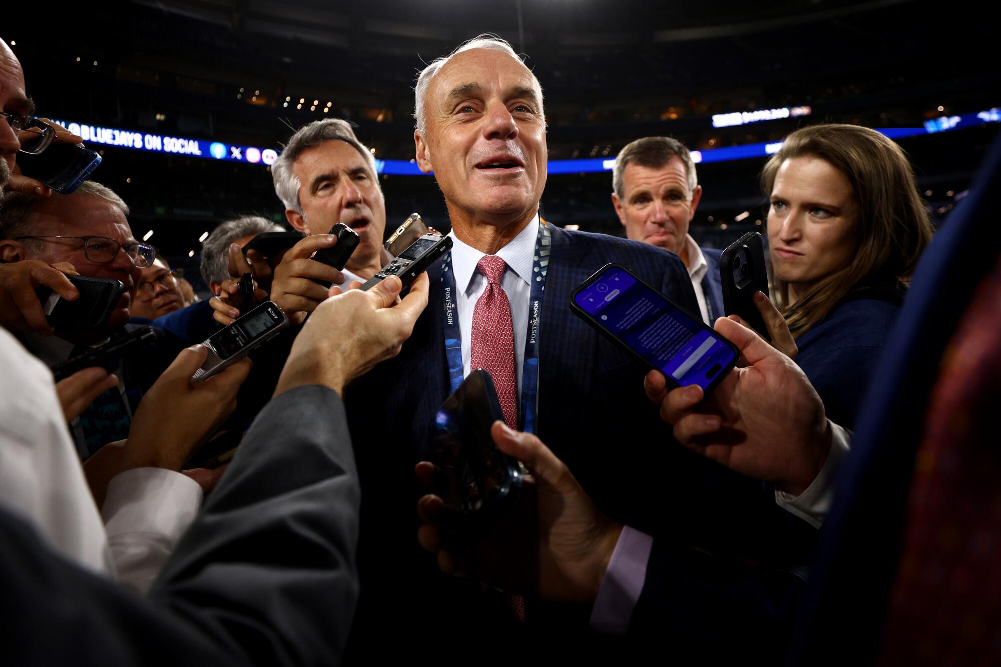 MLB Commissioner Rob Manfred speaks to reporters before Game 2 of the 2025 World Series in Toronto in October.