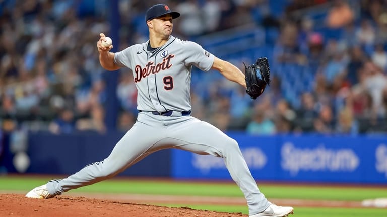 Detroit Tigers pitcher Jack Flaherty throws against the Tampa Bay...