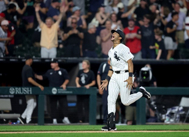 White Sox's Braden Montgomery celebrates after hitting a walk-off two-run home run in the 10th inning against the Braves at Rate Field on June 9, 2026. (Chris Sweda/Chicago Tribune)