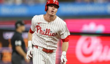 Oct 6, 2025; Philadelphia, Pennsylvania, USA; Philadelphia Phillies left fielder Max Kepler (17) runs to third base after hitting a triple against the Los Angeles Dodgers in the eighth inning during game two of the NLDS round for the 2025 MLB playoffs at Citizens Bank Park. Mandatory Credit: Bill Streicher-Imagn