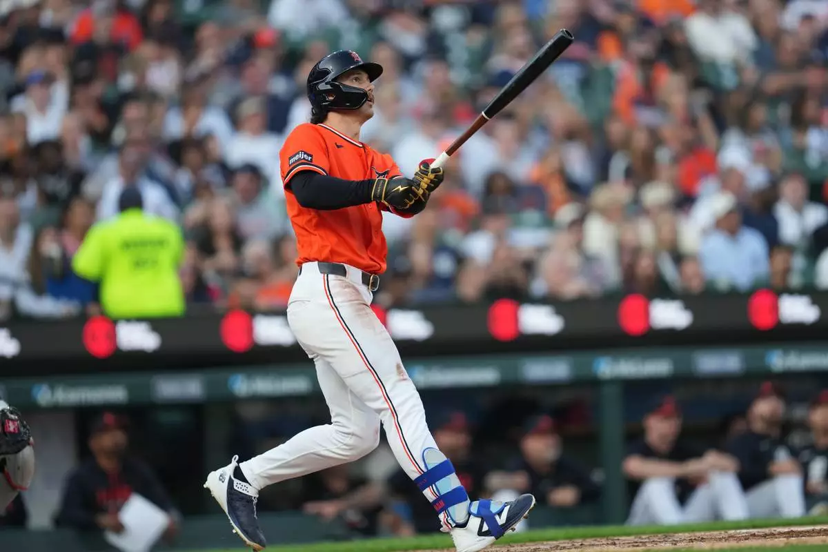 Detroit Tigers' James Outman watches his three-run home run against the Houston Astros during the fourth inning of a baseball game Friday, June 26, 2026, in Detroit. (AP Photo/Paul Sancya)