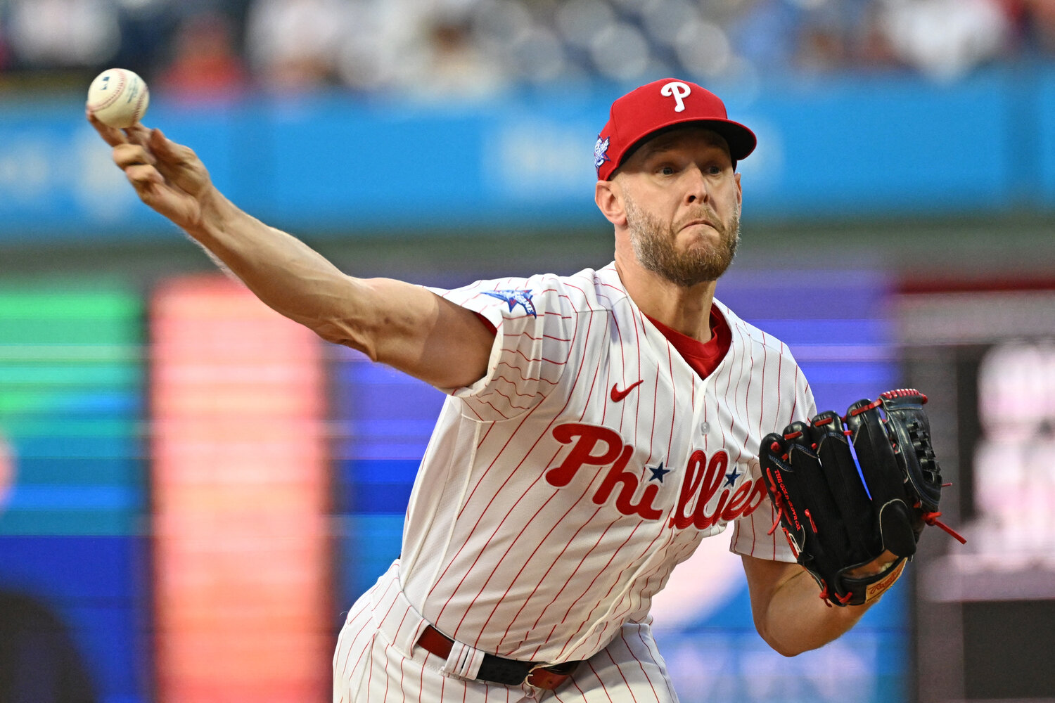 Philadelphia Phillies pitcher Zack Wheeler (45) throws a pitch against the Athletics during the second inning at Citizens Bank Park.
