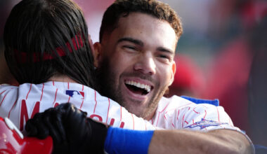 Philadelphia Phillies outfielder Gabriel Rincones Jr (17) reacts with outfielder Brandon Marsh (16) after hitting a home run against the Miami Marlins in the second inning at Citizens Bank Park.