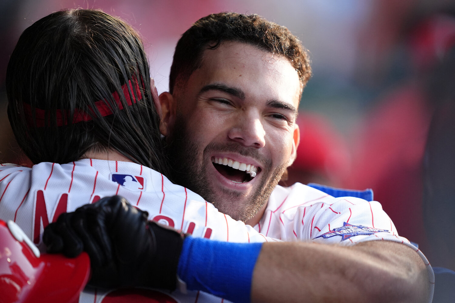 Philadelphia Phillies outfielder Gabriel Rincones Jr (17) reacts with outfielder Brandon Marsh (16) after hitting a home run against the Miami Marlins in the second inning at Citizens Bank Park.