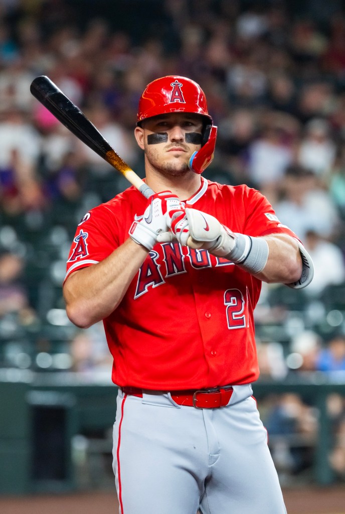 Los Angeles Angels player Mike Trout at bat against the Arizona Diamondbacks.