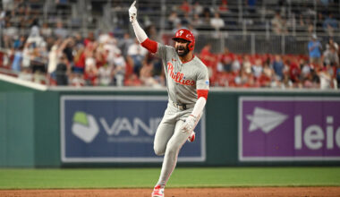 Philadelphia Phillies right fielder Derek Hill (49) reacts after hitting a two run home run against the Washington Nationals during the ninth inning at Nationals Park.