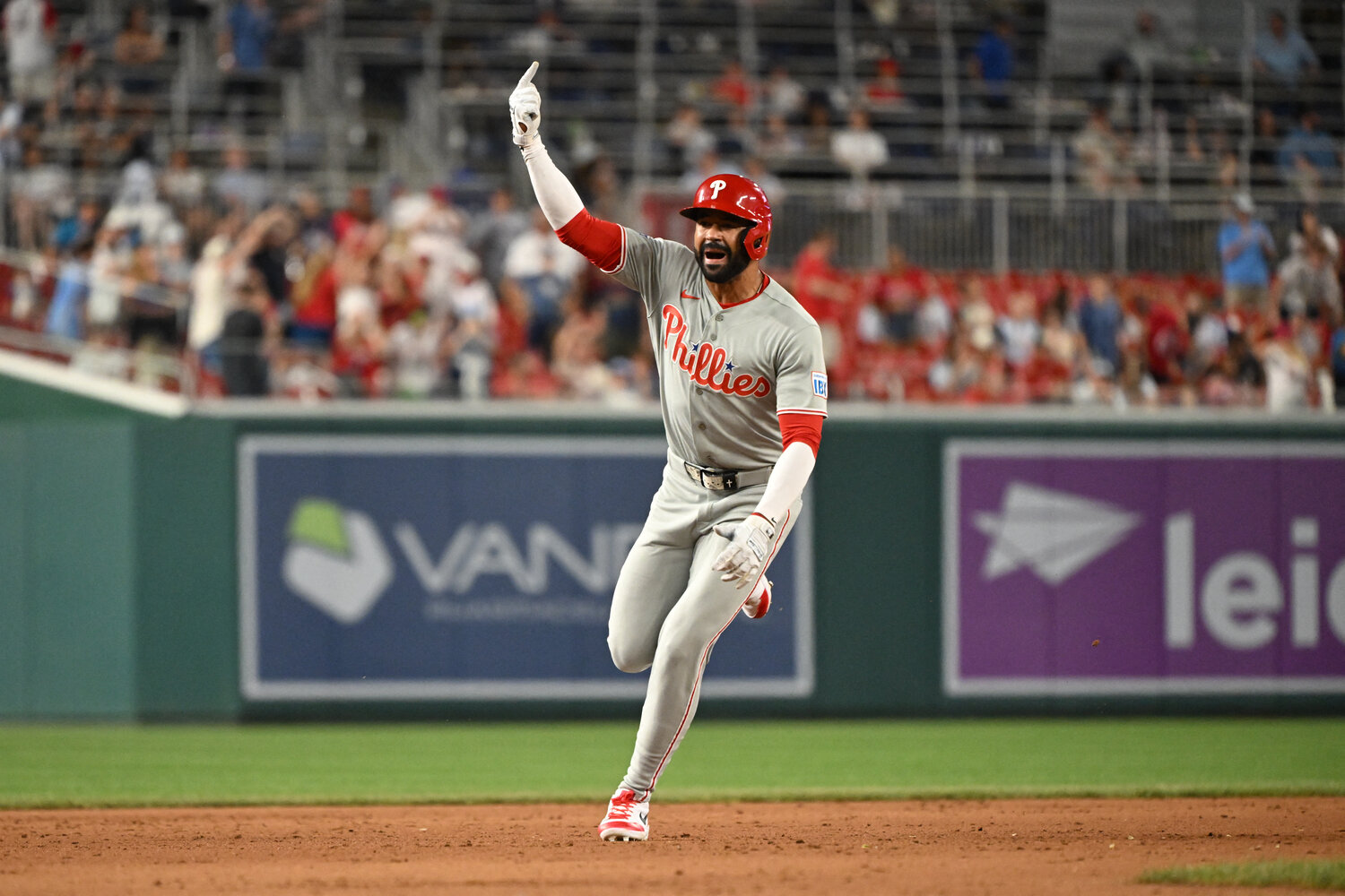 Philadelphia Phillies right fielder Derek Hill (49) reacts after hitting a two run home run against the Washington Nationals during the ninth inning at Nationals Park.