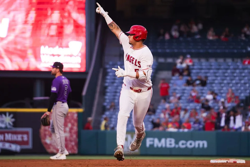 Los Angeles Angels infielder Vaughn Grissom (5) celebrates after hitting a home run during the MLB game against the Colorado Rockies Tuesday June 3rd, 2026 at Angel's Stadium in Anaheim, Calif.
