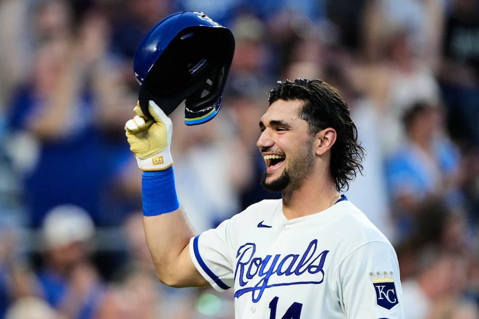 Kansas City Royals' Jac Caglianone crosses the plate after hitting a two-run home run during...