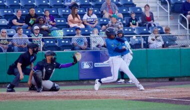AquaSox outfielder Curtis Washington Jr. connects on a pitch during Everetts game against the Hillsboro Hopes at Everett Memorial Stadium on June 18, 2026. (Joe Pohoryles / The Herald)