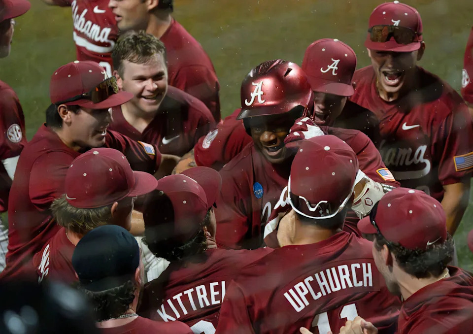 May 30, 2026; Tuscaloosa, AL, USA; Alabama batter Eric Hines (42) celebrates his three-run homer to right in the Tuscaloosa NCAA Regional winner’s bracket game between Alabama and USC Upstate in Sewell-Thomas Stadium.