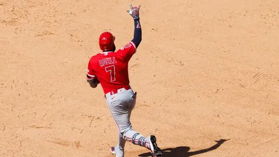 Jo Adell #7 of the Los Angeles Angels celebrates a home run during the game against the Los Angeles Dodgers at Dodger Stadium on June 7, 2026 in Los Angeles, California.