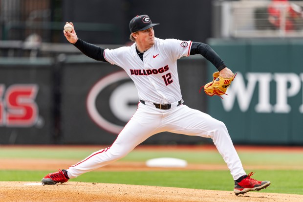 Georgia pitcher Leighton Finley (12) throws a pitch during an NCAA baseball game on Sunday, Feb. 18, 2024, in Athens, Ga. (AP Photo/Jason Allen)