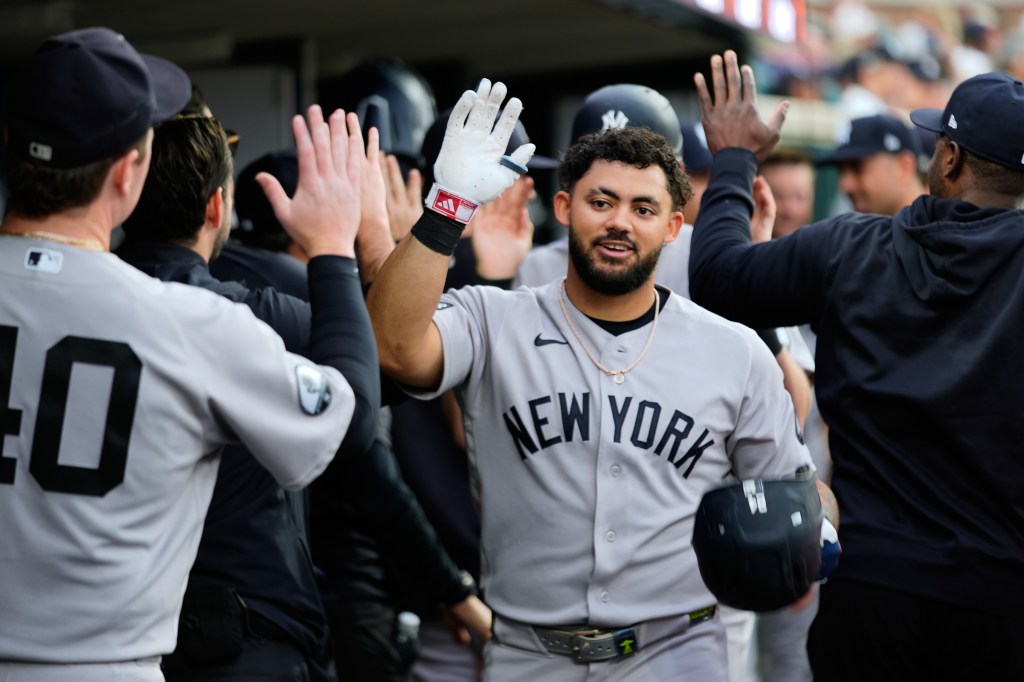 New York Yankees' Jasson Domínguez celebrates his two-run home run against the Detroit Tigers