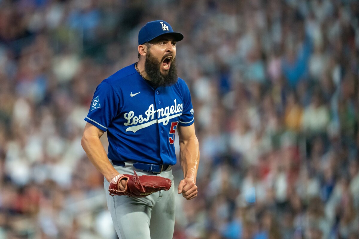 Jun 24, 2026; Minneapolis, Minnesota, USA; Los Angeles Dodgers relief pitcher Tanner Scott (66) celebrates with catcher Dalton Rushing (68) after defeating the Minnesota Twins at Target Field. Mandatory Credit: Jesse Johnson-Imagn Images