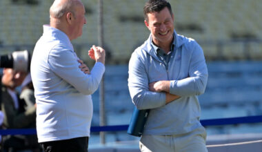Apr 28, 2026; Los Angeles, California, USA; Los Angeles Dodgers President and CEO Stan Kasten talks with Andrew Friedman, President of Baseball Operations, prior to the game against the Miami Marlins at Dodger Stadium. Mandatory Credit: Jayne Kamin-Oncea-Imagn Images