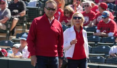 March 9, 2025; Tempe, Arizona, USA; Los Angeles Angels owner Arte Moreno arrives for a game against the Cincinnati Reds at Tempe Diablo Stadium. Mandatory Credit: Rick Scuteri-Imagn Images