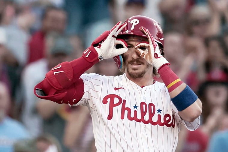 Phillies Bryson Stott looks to the dugout after hitting a triple  in the first inning of the Miami Marlins at Philadelphia Phillies MLB baseball game at Citizens Bank Park in Philadelphia on Tuesday, June 16, 2026.
