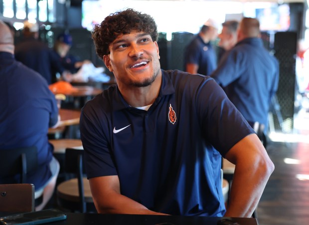 Illinois safety Matthew Bailey is interviewed before Illini Night at the Cubs-Athletics game Tuesday, June 2, 2026, at Wrigley Field. (Chris Sweda/Chicago Tribune)