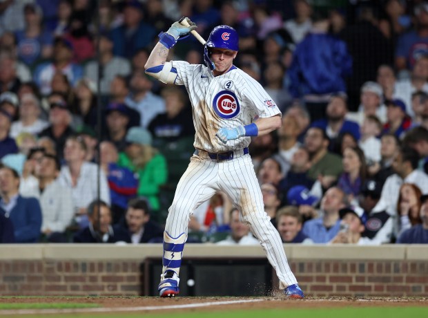 Chicago Cubs center fielder Pete Crow-Armstrong (4) tosses his bat to the ground after popping out in the sixth inning of a game against the Athletics at Wrigley Field in Chicago on June 2, 2026. (Chris Sweda/Chicago Tribune)