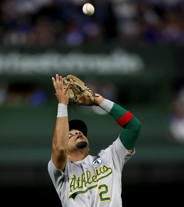 Athletics shortstop Darell Hernaiz (2) catches a pop fly hit by Chicago Cubs center fielder Pete Crow-Armstrong in the sixth inning of a game at Wrigley Field in Chicago on June 2, 2026. (Chris Sweda/Chicago Tribune)