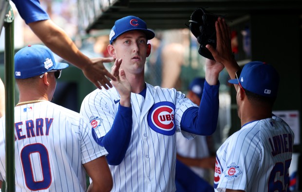 Cubs starter Ben Brown is congratulated in the dugout after being pulled from the game in the sixth inning against the Giants on Saturday, June 6, 2026, at Wrigley Field. (Chris Sweda/Chicago Tribune)