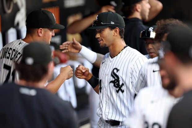 Chicago White Sox right fielder Braden Montgomery bonds with his teammates in the dugout before the start of a game against the Atlanta Braves at Rate Field in Chicago on June 9, 2026. (Chris Sweda/Chicago Tribune)