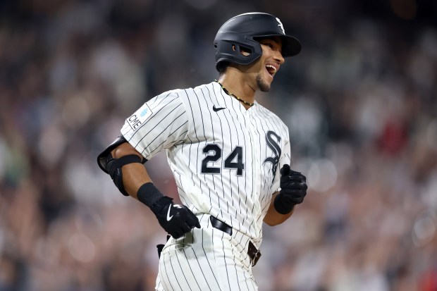 Chicago White Sox right fielder Braden Montgomery rounds the bases after hitting a walk-off two-run home run in the tenth inning of a game against the Atlanta Braves at Rate Field in Chicago on June 9, 2026. (Chris Sweda/Chicago Tribune)