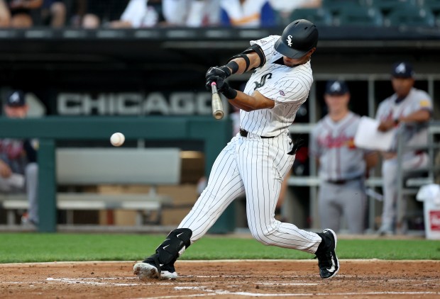 Chicago White Sox right fielder Braden Montgomery (24) drives in a run on a single in the fourth inning of a game against the Atlanta Braves at Rate Field in Chicago on June 9, 2026. (Chris Sweda/Chicago Tribune)