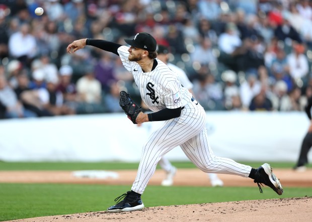 Chicago White Sox starting pitcher Sean Burke (59) delivers to the Cleveland Guardians in the third inning of a game at Rate Field in Chicago on June 23, 2026. (Chris Sweda/Chicago Tribune)