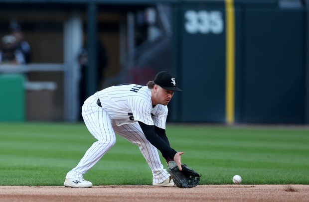Chicago White Sox second baseman Chase Meidroth (10) fields a ground ball in the first inning of a game against the Cleveland Guardians at Rate Field in Chicago on June 23, 2026. (Chris Sweda/Chicago Tribune)