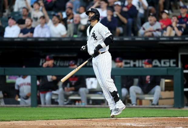 Chicago White Sox first baseman Miguel Vargas (20) watches the flight of his solo home run in the sixth inning of a game against the Cleveland Guardians at Rate Field in Chicago on June 23, 2026. (Chris Sweda/Chicago Tribune)