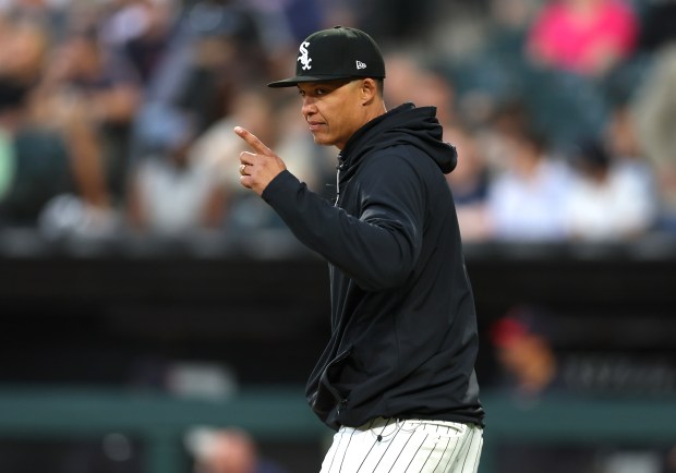 Chicago White Sox manager Will Venable makes a pitching change in the seventh inning of a game against the Cleveland Guardians at Rate Field in Chicago on June 23, 2026. (Chris Sweda/Chicago Tribune)
