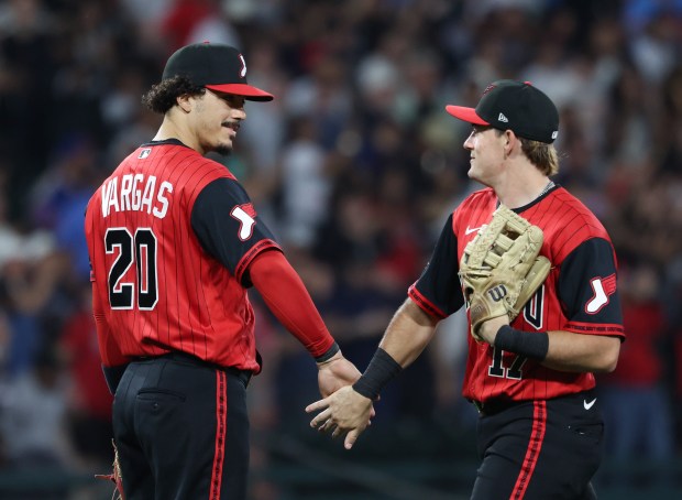 White Sox third baseman Miguel Vargas and left fielder Sam Antonacci celebrate a 8-2 win over the Dodgers on June 12, 2026, at Rate Field. (John J. Kim/Chicago Tribune)