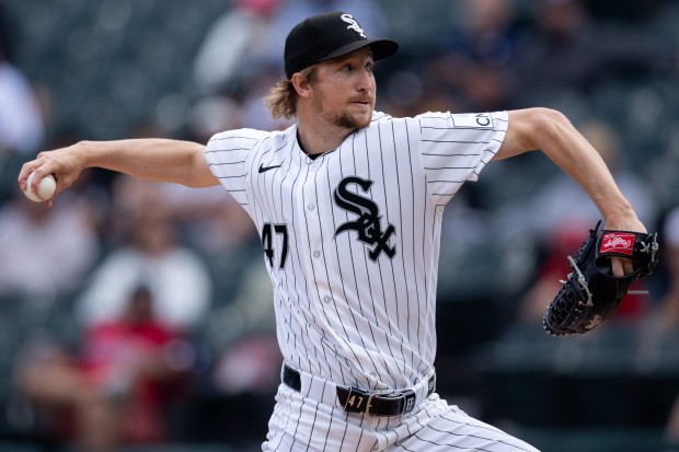 White Sox pitcher Erick Fedde delivers in the second inning against the Guardians on Wednesday, June 24, 2026, at Rate Field. (Josh Boland/Chicago Tribune)
