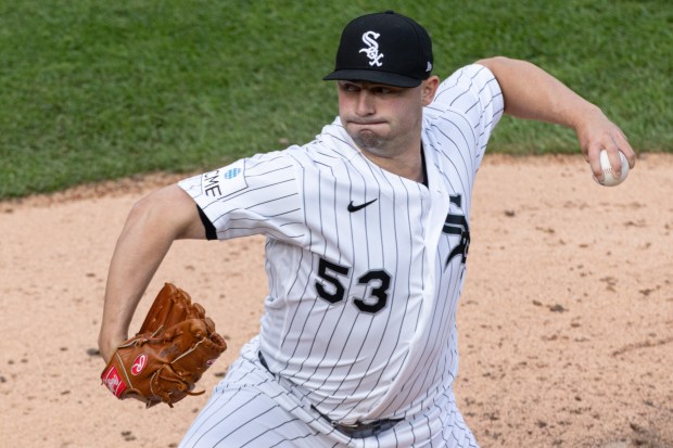 White Sox reliever Brandon Eisert delivers in the sixth inning against the Guardians on Wednesday, June 24, 2026, at Rate Field. (Josh Boland/Chicago Tribune)