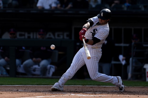 White Sox first baseman Jacob Gonzalez swings in the third inning against the Guardians on Wednesday, June 24, 2026, at Rate Field. (Josh Boland/Chicago Tribune)