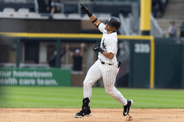 White Sox right fielder Braden Montgomery celebrates as he rounds the bases after hitting a solo home run in the ninth inning against the Guardians on Wednesday, June 24, 2026, at Rate Field. (Josh Boland/Chicago Tribune)