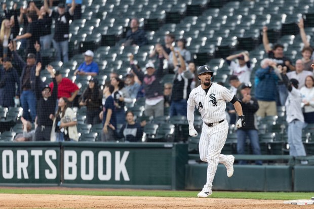 White Sox designated hitter Randal Grichuk celebrates after hitting a tying home run in the ninth inning against the Guardians on Wednesday, June 24, 2026, at Rate Field. (Josh Boland/Chicago Tribune)