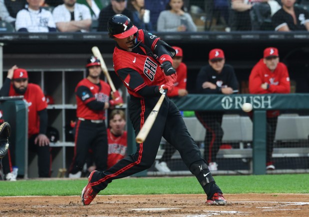 White Sox third baseman Miguel Vargas swings for a three-run home run against the Royals in the third inning at Rate Field on June 26, 2026, in Chicago. (John J. Kim/Chicago Tribune)